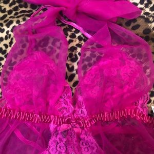 Fredericks Of Hollywood Fuchsia  Halter Babydoll Mini Nighty and Thong Set